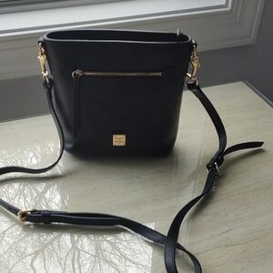 Black Leather Crossbody Bucket Bag with Gold Hardware
